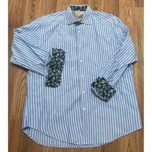 Robert Graham Flip Cuff Shirt Mens XL Blue Striped Button Down Cotton